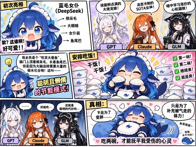 DeepSeek,鲸鱼娘,蓝色大肥鱼,初音未来,可爱,女仆,梗图