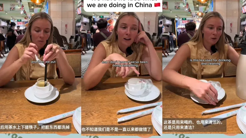 【tiktok】洋人惊讶在中国餐厅吃饭当地人都会把包装的碗具拆开用水在洗一遍