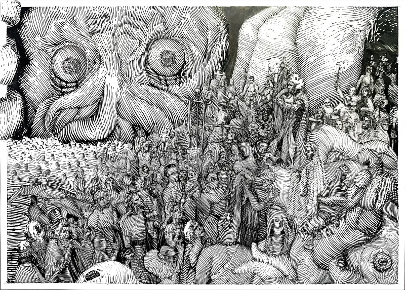 钢笔画 神与人
