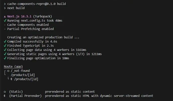 Nextjs 163,缓存组件,部分预渲染,构建错误