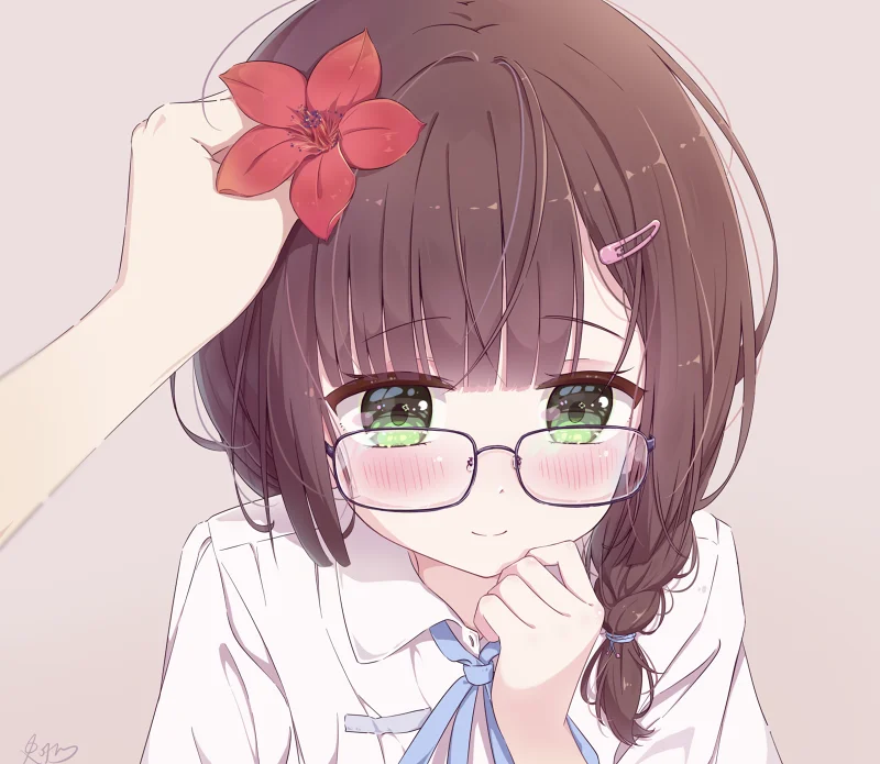 女孩子,萝莉,可爱,制服,眼镜,麻花辫,绿眼,花和女孩子