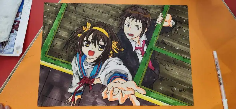 在社团画张凉宫＆阿虚呐！