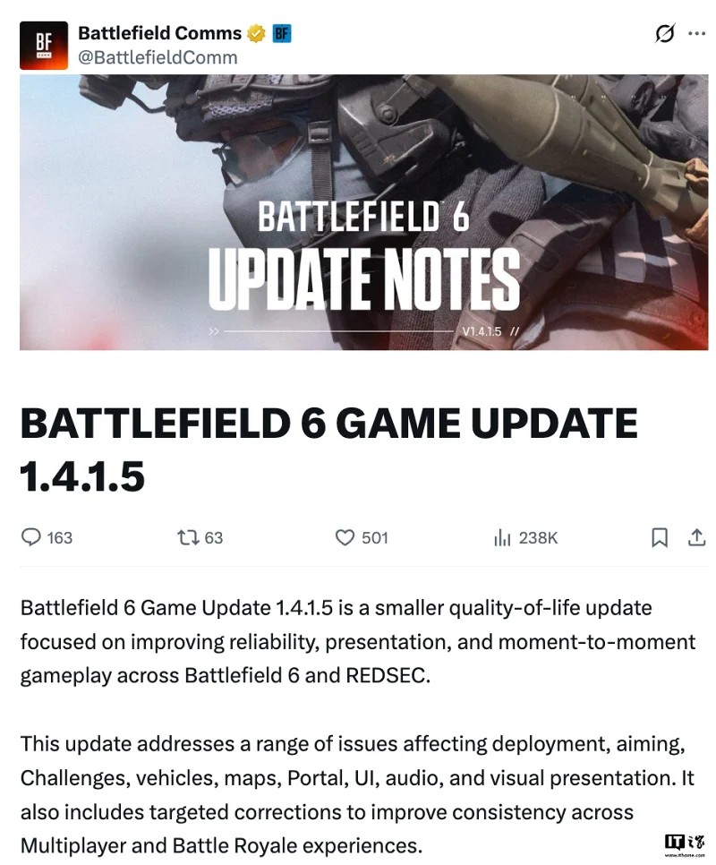 EA 推送战地 6 1.4.1.5 更新:修复 RTX 50 EA 推送战地 6 1.4.1.5 更新:修复 RTX 50
