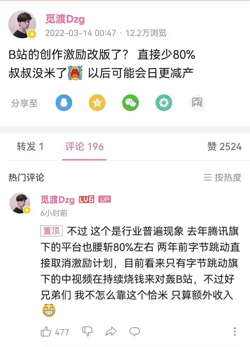 b站创作激励改版，视频收入或将锐减80%